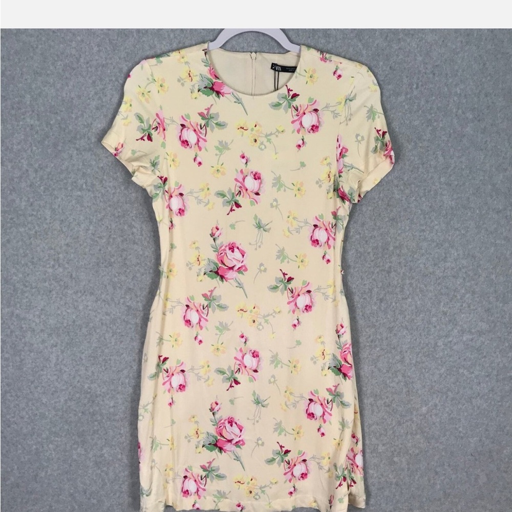 Zara Butter Yellow Pink Floral Bloom Satin Cut Out Mini Dress Size XS